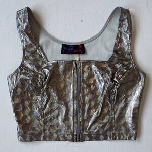 Vtg 80's Tripp NYC Holographic Zip Up Cropped Tank L RARE Rave Club Techno Top